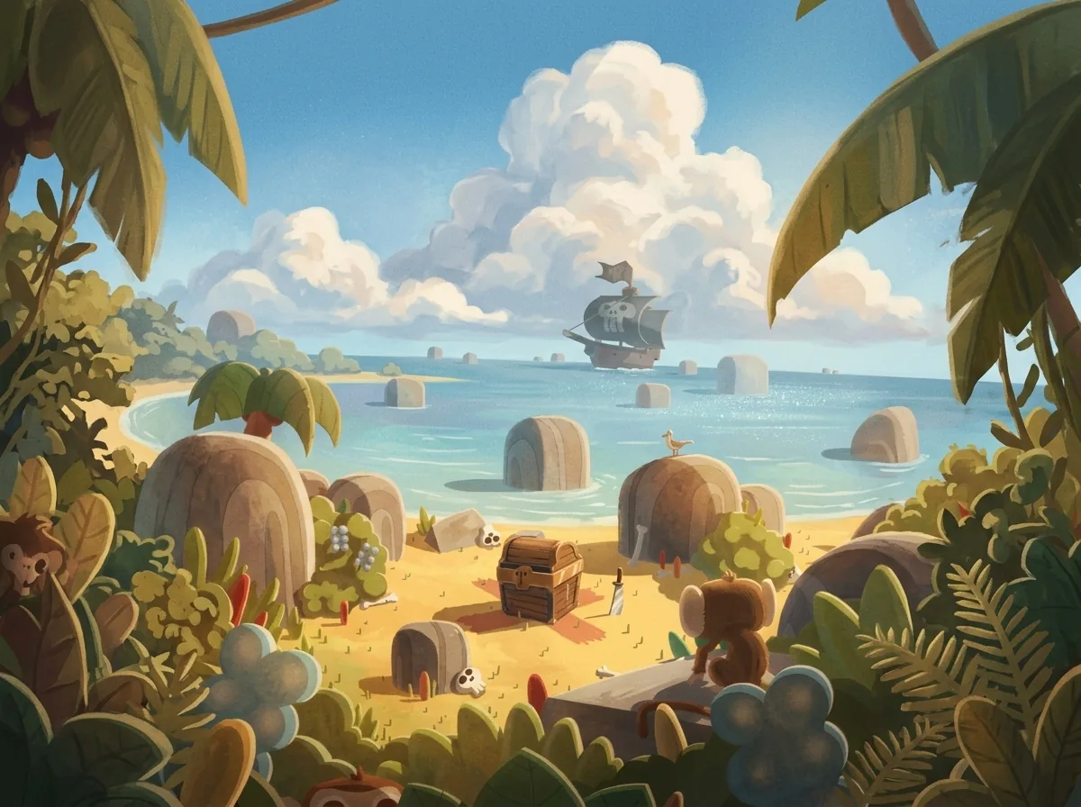 An island coastline with a ship on the horizon