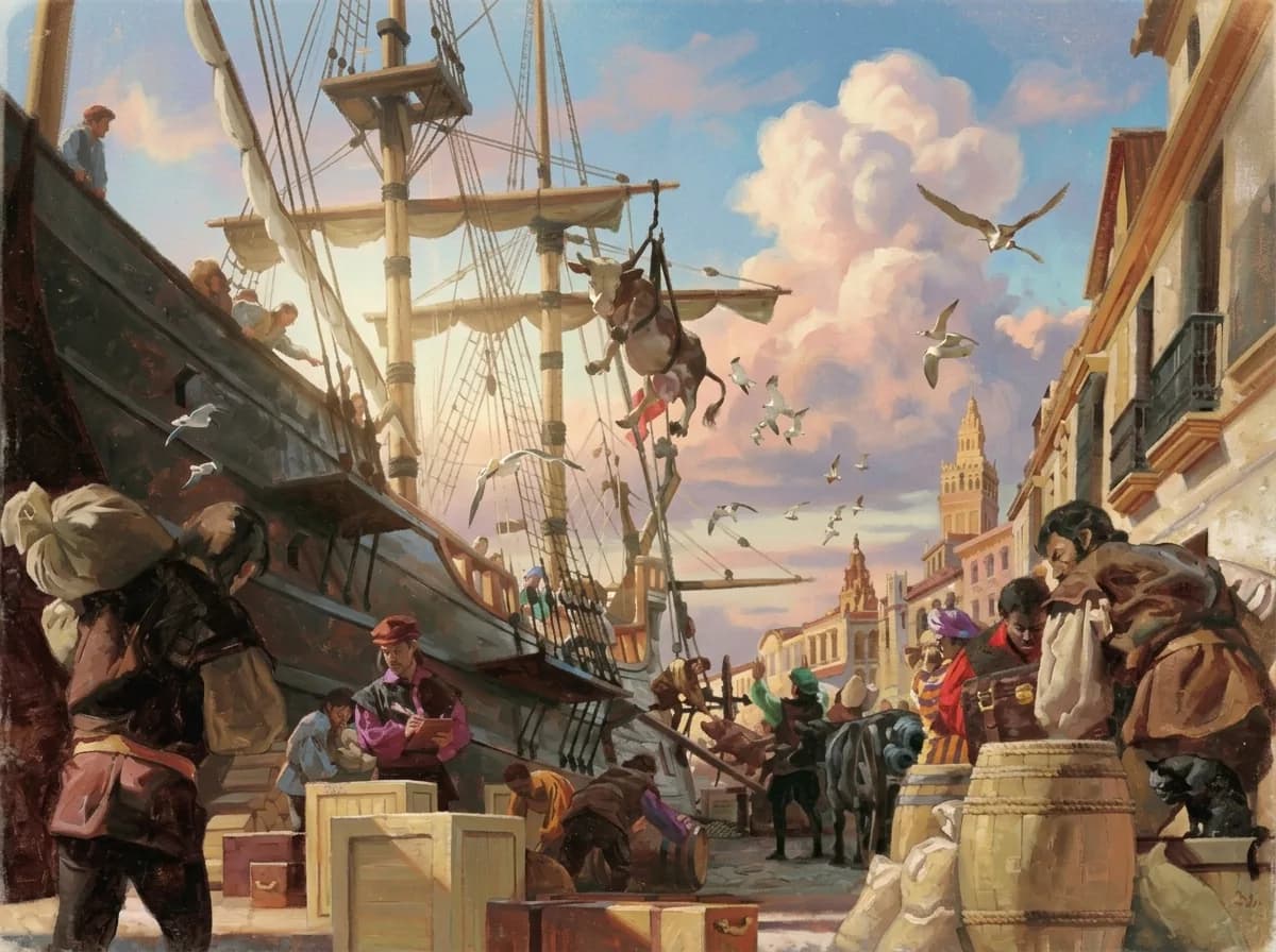 A busy harbor with a sailing ship and people working together